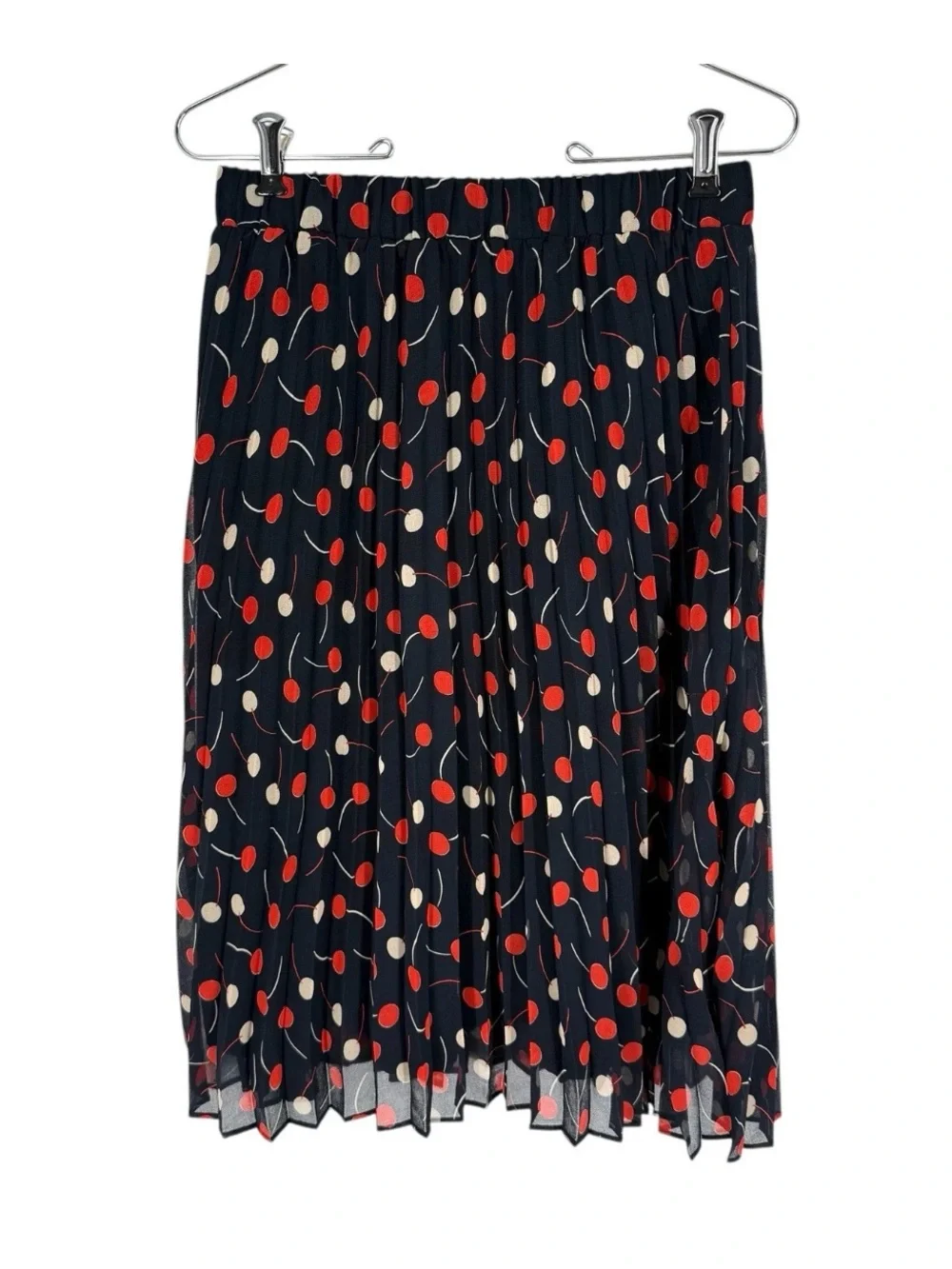 Ann Taylor Pleated Skirt Womens Size XSP Navy Cherry Novelty Print Flowy Lined